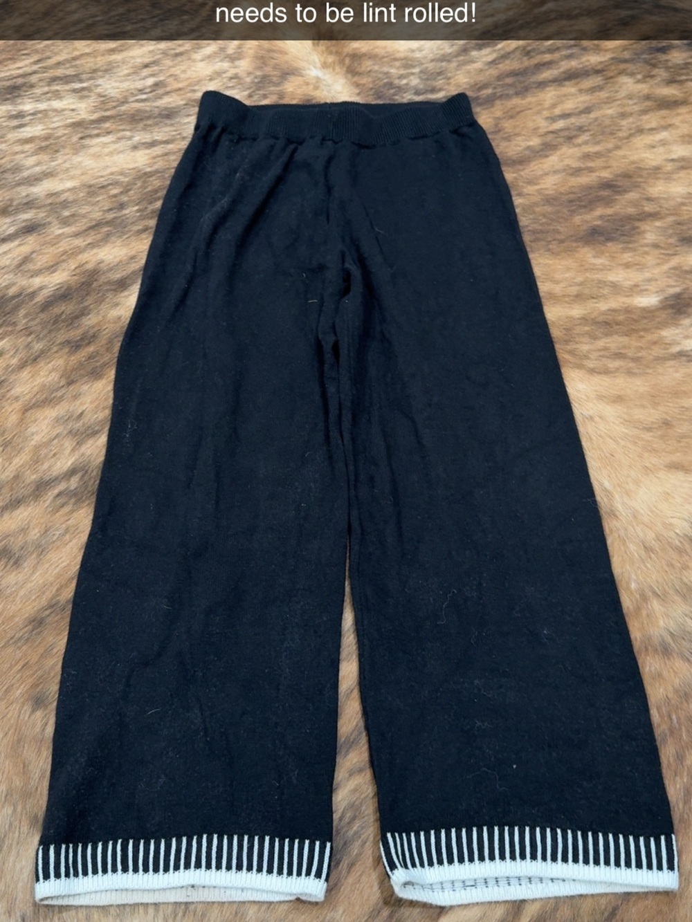 Black Wide Leg Knit Pants with Striped Hem